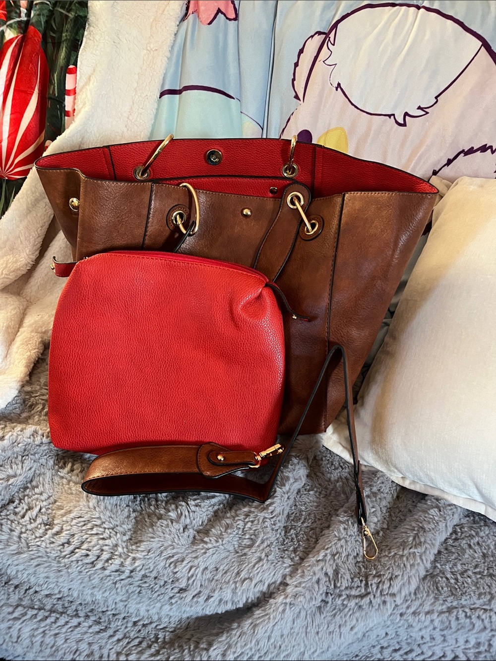 Brown and Red Women’s Two-Piece Shoulder Bag Set